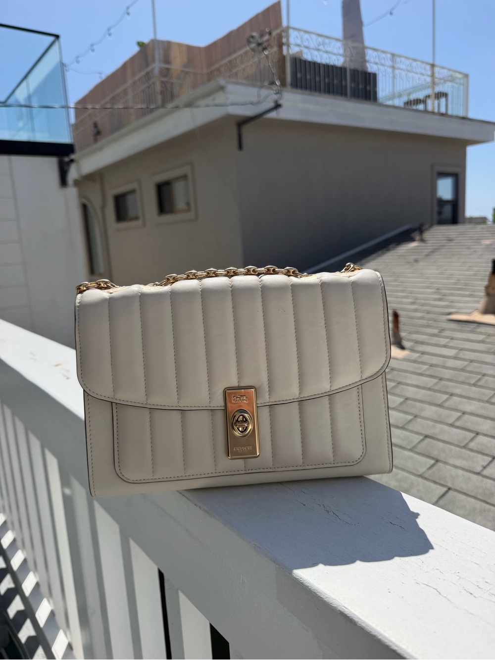 Quilted Cream Coach Bag with Gold Chain
